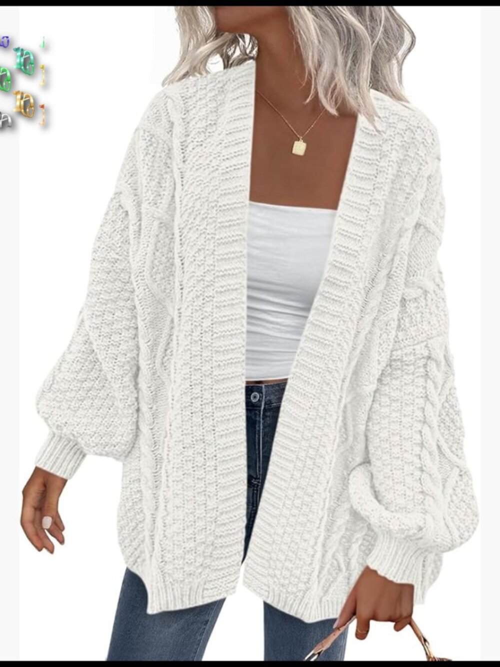 Oversized Cable Knit Cardigan Lantern Sleeve Open Front Chunky Sweater